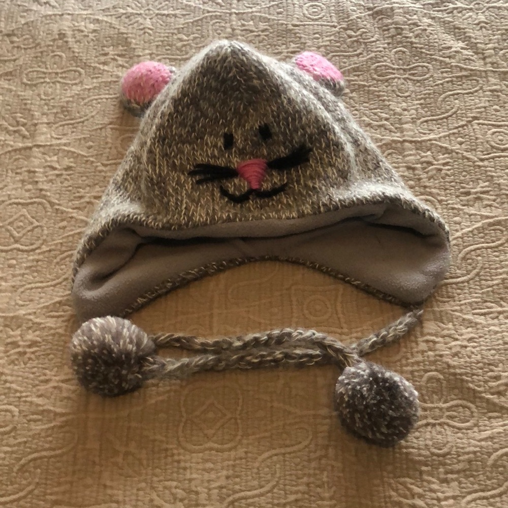 Gray and Pink Knit Animal Ear Hat